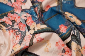 Baumwollstretch - Blumen auf rosa-blau
