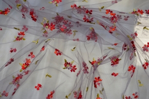 embroidered tulle - red flowers